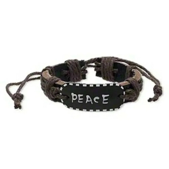 Handmade Leather Peace Affirmation Bracelet Black Brown White Adjustable - Picture 1 of 1